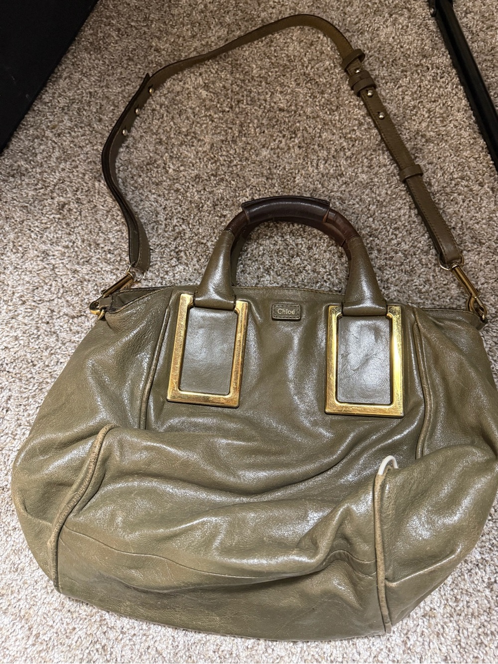Chloe Olive Green Leather Shoulder Bag with Gold Accents Project AS IS